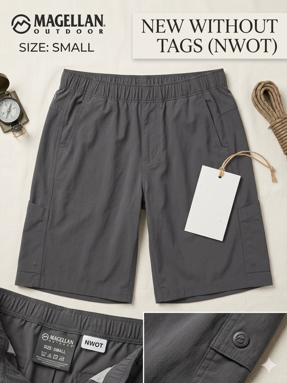 Magellan Outdoors Men's Gray Elastic Waist Fishing Cargo Shorts - Small
